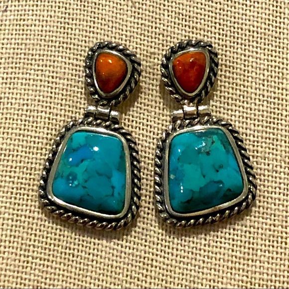 BARSE Sterling Silver Rope Edged Turquoise and Coral Drop Earrings - Picture 11 of 12